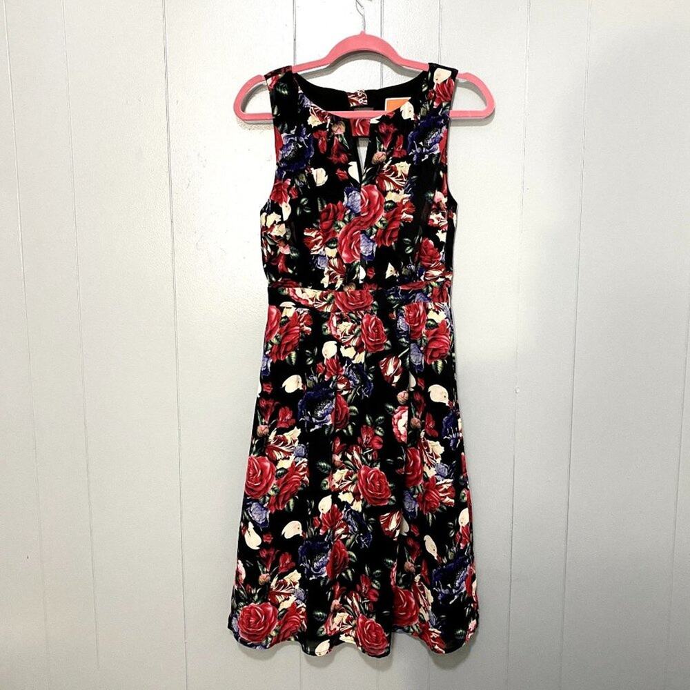 Modcloth Flaunts and Needs Navy Floral Chiffon Sleeveless Party A-line Dress M